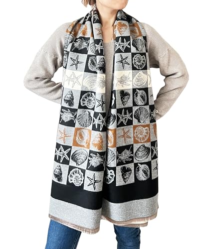stylesilove Women Seashell and Starfish Design Fringe Cashmere Scarf Warm Ultra Soft Scarves Shawl Neck Wraps
