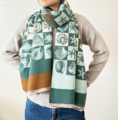 stylesilove Women Seashell and Starfish Design Fringe Cashmere Scarf Warm Ultra Soft Scarves Shawl Neck Wraps