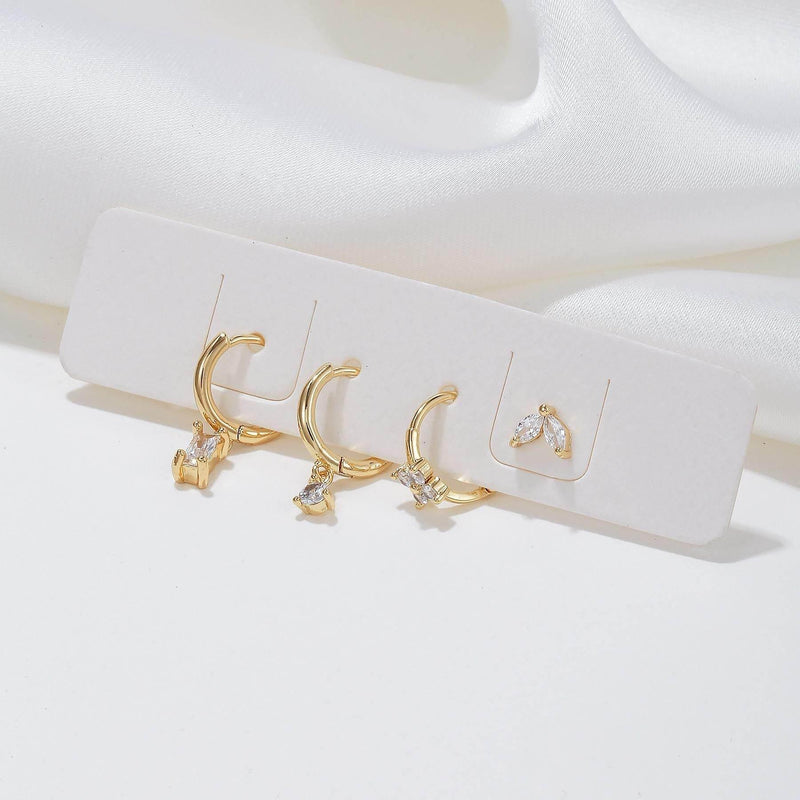 Stacking 4 Pieces Geometric Zircon Stud Earring Set, 18k Gold Plated Ear Studs and Drops, Trendy Sweet Cool Earrings, S925 Needle, Stacked Lobe Designs with Dazzling Zirconia