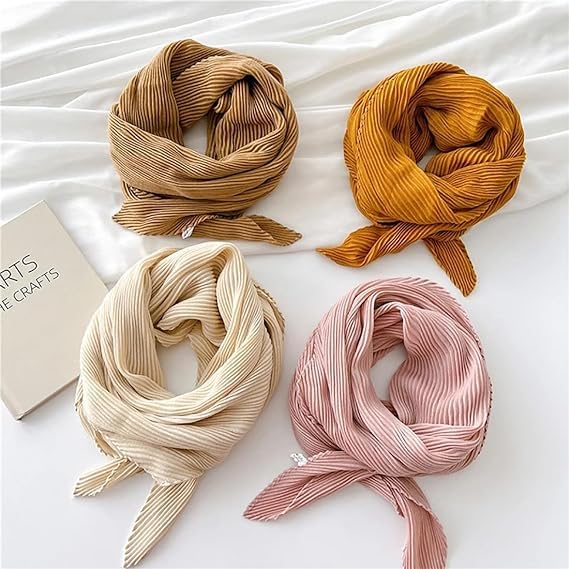 stylesilove Women Crinkle Pleated Square Scarf Solid Color Neckerchief Soft Bandana Small Shawl Neck Wraps for All Season