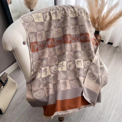 stylesilove Women Seashell and Starfish Design Fringe Cashmere Scarf Warm Ultra Soft Scarves Shawl Neck Wraps
