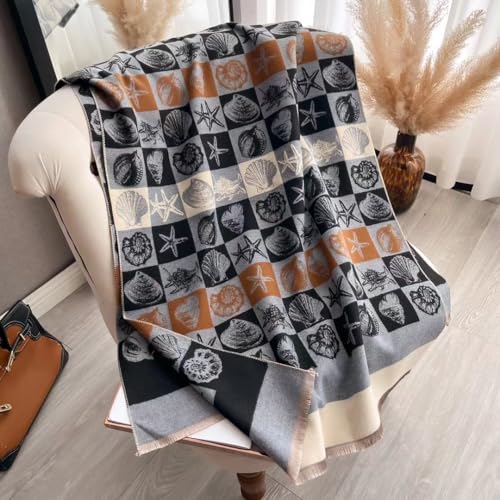 stylesilove Women Seashell and Starfish Design Fringe Cashmere Scarf Warm Ultra Soft Scarves Shawl Neck Wraps