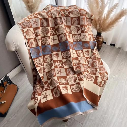 stylesilove Women Seashell and Starfish Design Fringe Cashmere Scarf Warm Ultra Soft Scarves Shawl Neck Wraps
