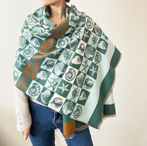 stylesilove Women Seashell and Starfish Design Fringe Cashmere Scarf Warm Ultra Soft Scarves Shawl Neck Wraps