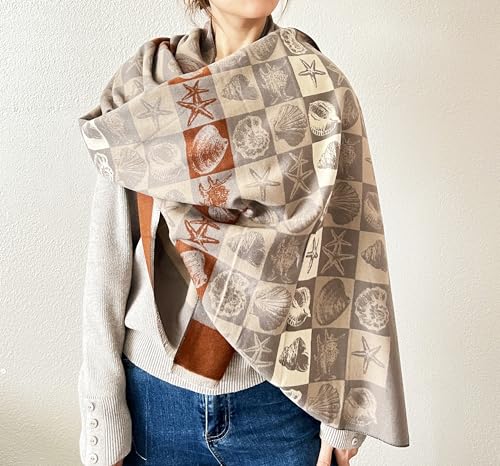 stylesilove Women Seashell and Starfish Design Fringe Cashmere Scarf Warm Ultra Soft Scarves Shawl Neck Wraps