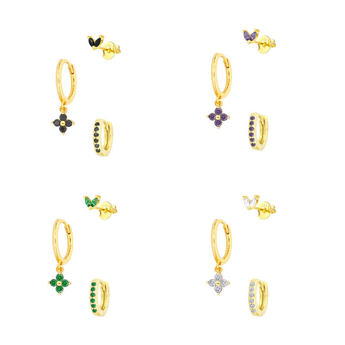 Women's Floral Clover Stacked Earrings Set
