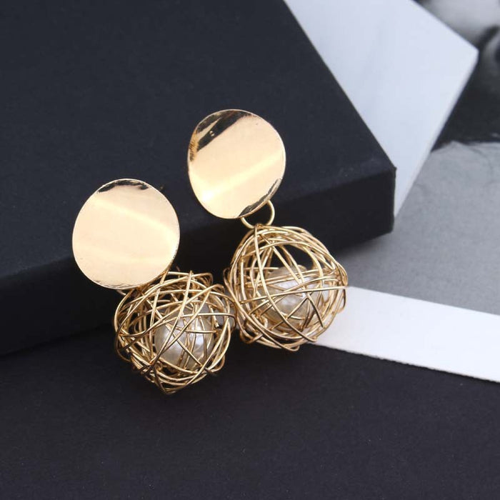 Vintage Geometric Earrings Simple Woven Ball Pearl Stud Earrings