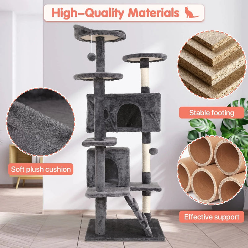 Ultimate 54-Inch Double Condo Cat Tree Tower with Scratching Post & Cozy Perch for Indoor Cats - Stylish Ashy Design