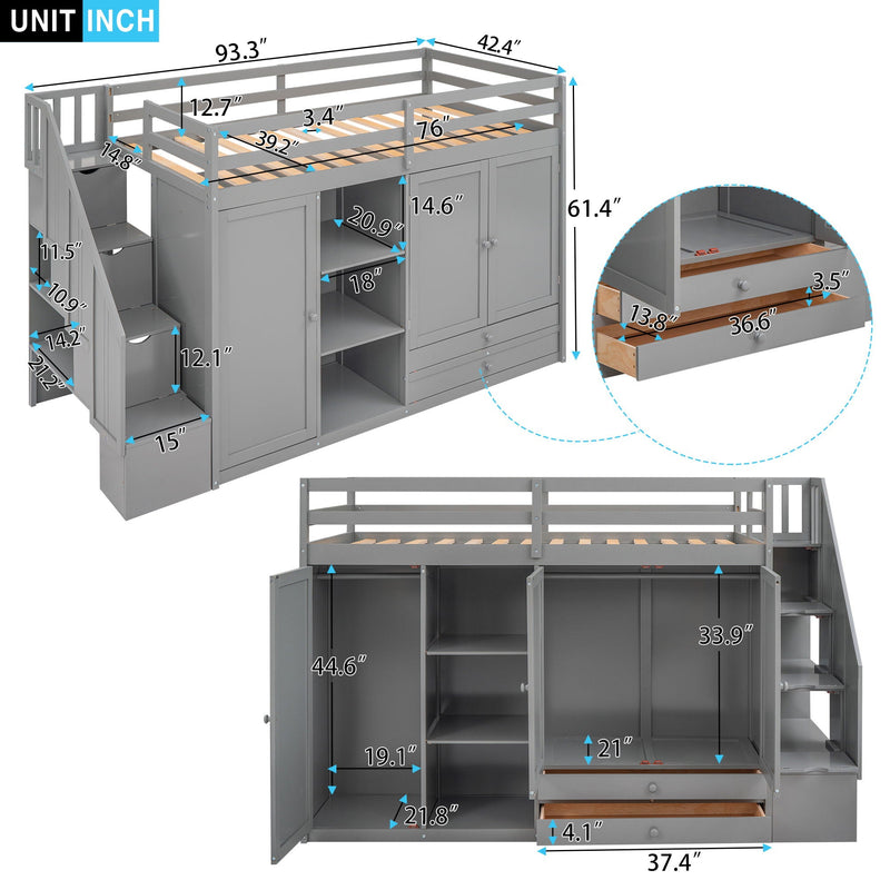 Loft Bed With 3 Shelves, 2 Wardrobes, 2 Drawers, Ladder Storage