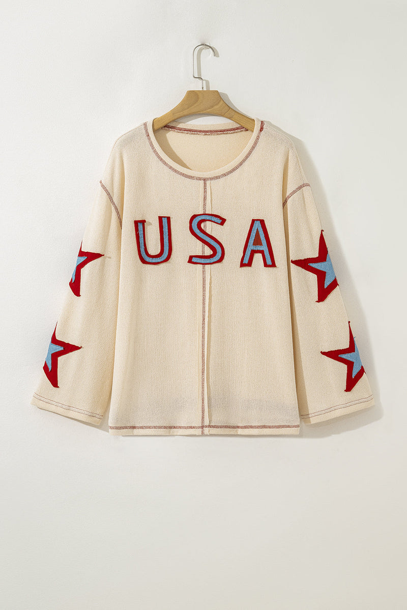 USA Patchwork Exposed Seam Long Sleeve Top