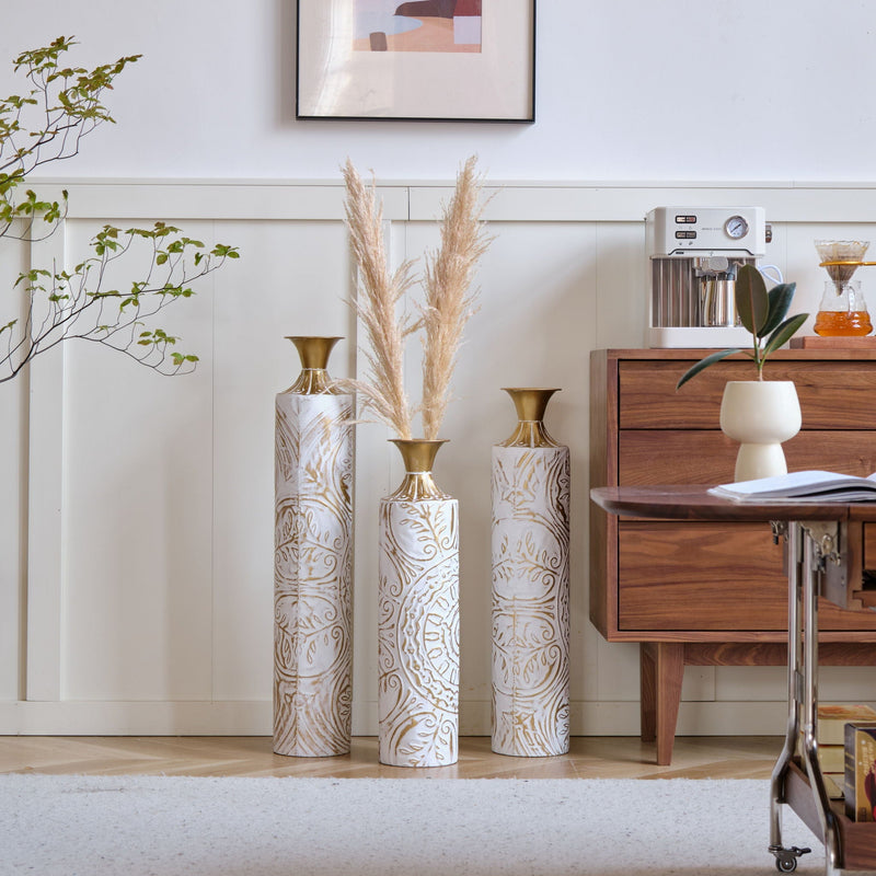 Floor Metal Vases Decorated Metal Vases (Set of 3) Gorgeous Home Decoration Large Glazed Metal Vases - White / Gold