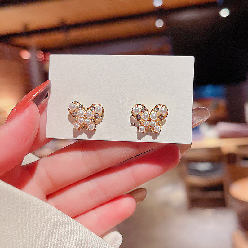 Elegant Butterfly Mini Stud Pearl Earrings