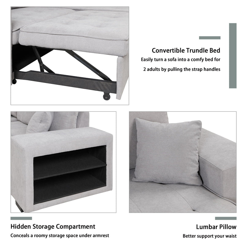 Modern L-Shape 3 Seat Reversible Sectional Couch, Pull Out Sleeper Sofa With Storage Chaise And 2 Stools For Living Room Furniture Set