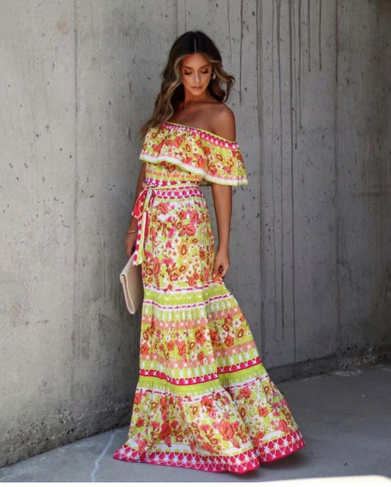 Summer European And American Off-shoulder Printing Belt Long Large Hem Dress