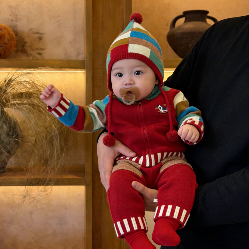 Knitted Contrasting-Color Red Sweater Pants And Hat New Year Three-Piece Set