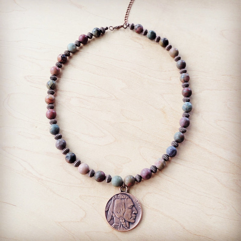 Genuine Picasso Jasper Collar Necklace w/ Indian Head Pendant 261h