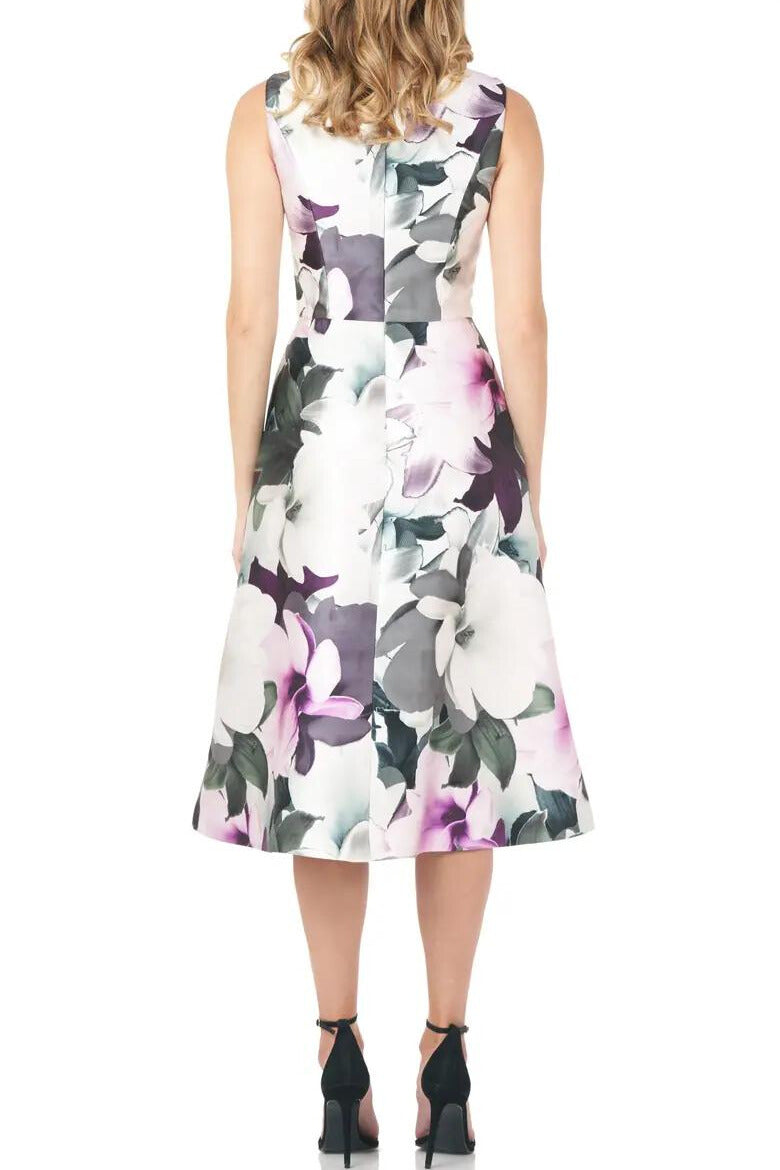 Kay Unger Floral Sleeveless A-Line Mikado Cocktail Midi Dress