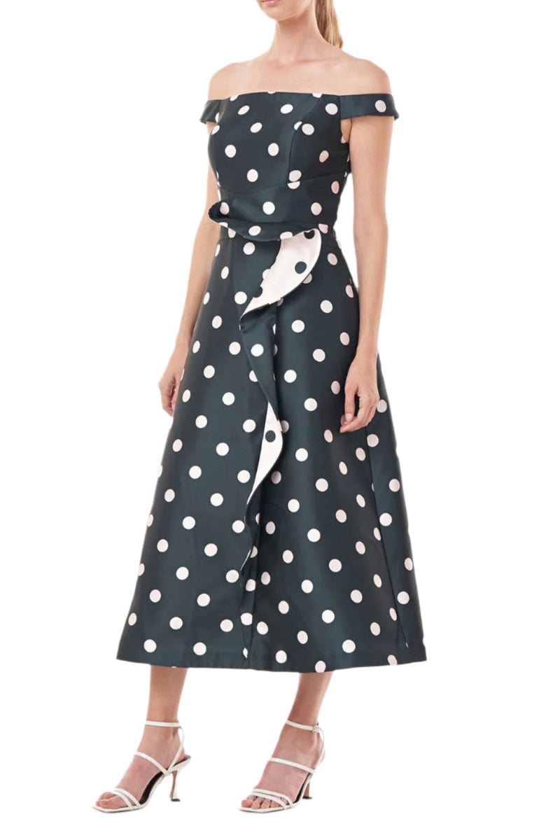 Kay Unger Off-Shoulder Zipper Back Ruffle Flared Tea Length Skirt Polka Dot Print Jacquard Dress with Pockets
