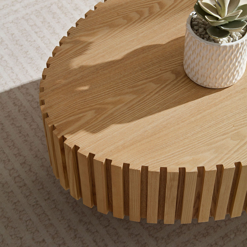 Modern Handcraft Drum Coffee Table Length 43.7 inch Ellipse Coffee Table for Living Room,Oval Small Coffee Table with Sturdy Pedestal,Natural Ash MDF