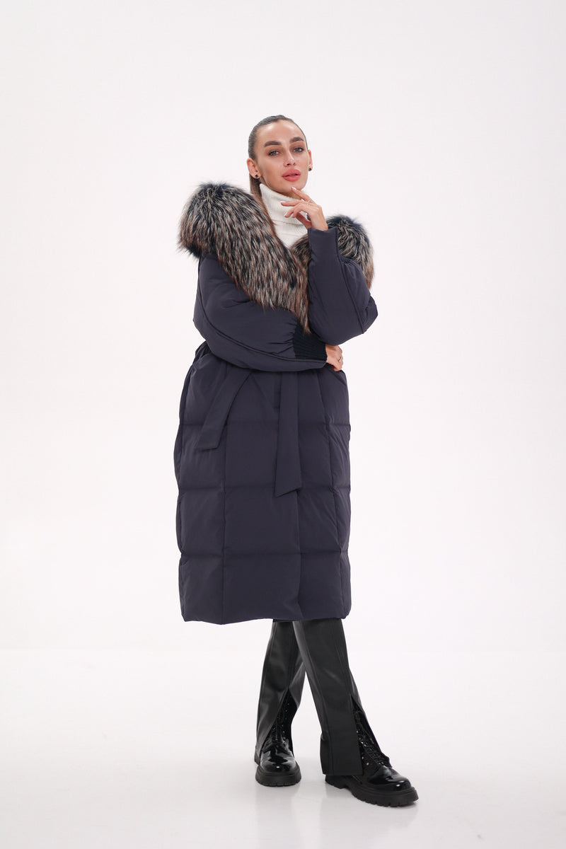 Rei Genuine Fur Trim Hooded Down Coat in Navy