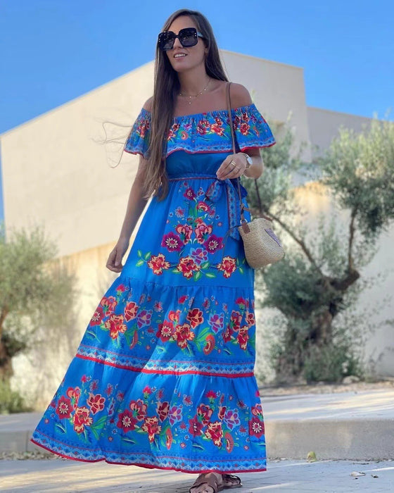 Women's Fashion Off-shoulder Red Flower Print Dress