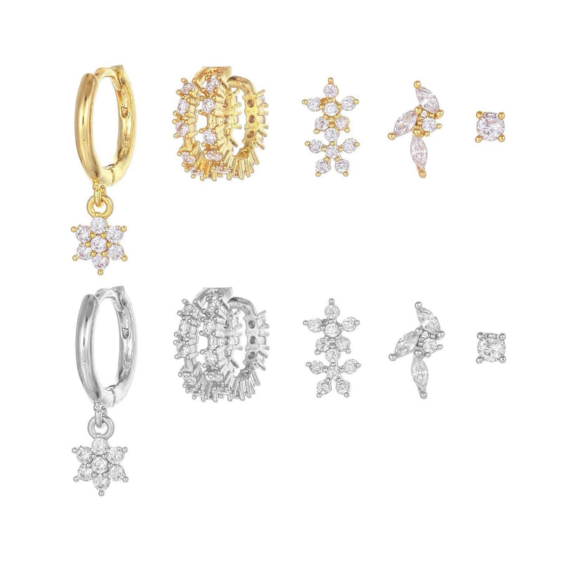 Stacking 5 Pieces Floral & Geometric Zirconia Earring Set, 18k Gold Plated Studs, Drops & Hoops,  S925 Needle, Stacked Lobe Designs with Dazzling Zirconia
