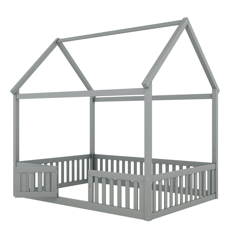 Wood House Bed With Fence And Door