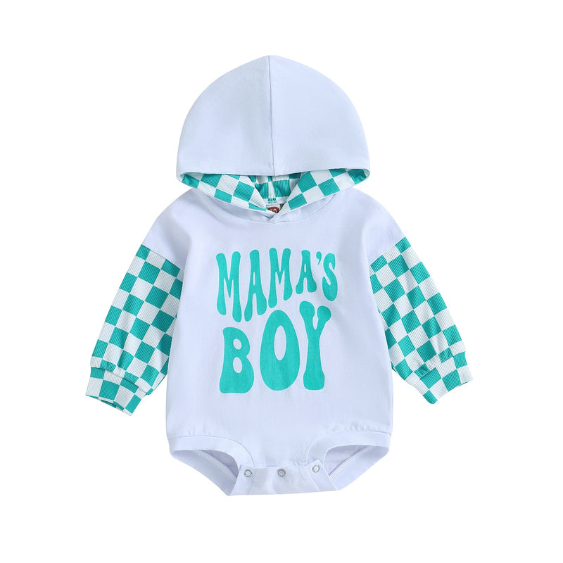 Letter-printed Plaid Patchwork Long-sleeve Hooded Romper