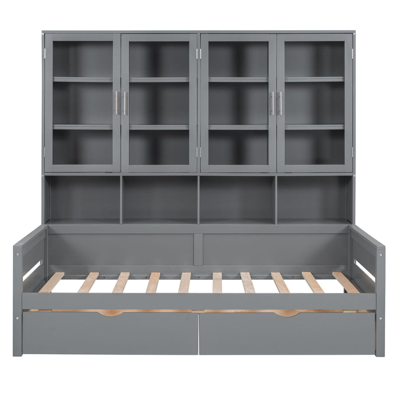 Daybed With Glass Door Storage Cabinets, Built In LED Lighting And Shelves