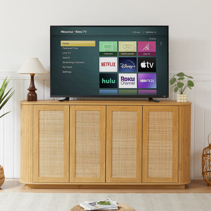 Contemporary Wave Shaped 64-Inch TV Stand with Rattan Doors in Natural Wood Finish