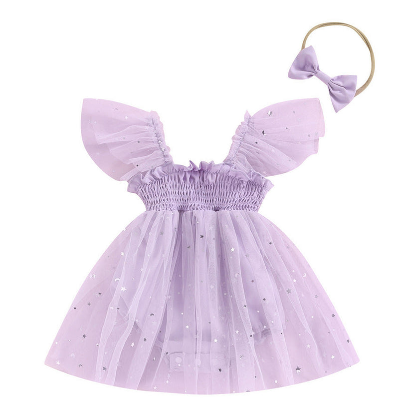 Girls' Mesh Flounced Sleeve Shoulder Princess Onesie