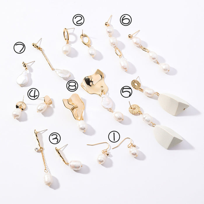 Vintage geometric metal pearl asymmetric earrings design personalized earrings