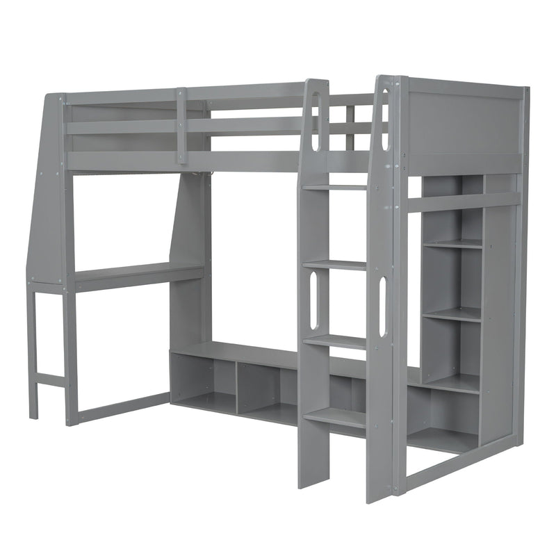 Gaming Loft Bed With Desk, Multi Storage Shelves, LED Lighting, And Hanging Clothes Rack