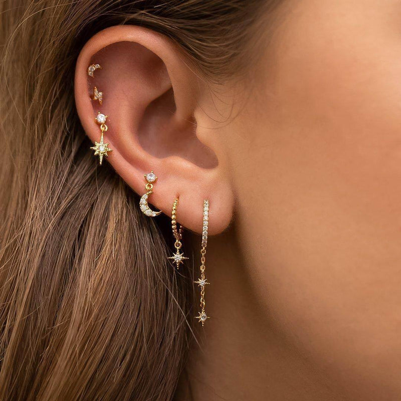 Multi Sets of Chic Star&Moon Earrings, 3-6pcs, 18k Gold Plated Stud Drop Hoop Huggie Cuff Chain, S925 Needle, Stacked Lobe Designs with Dazzling Zirconia