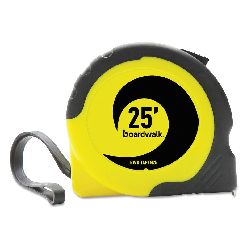 Boardwalk Easy Grip Tape Measure, 25 ft, Plastic Case, Black and Yellow, 1/16" Graduations