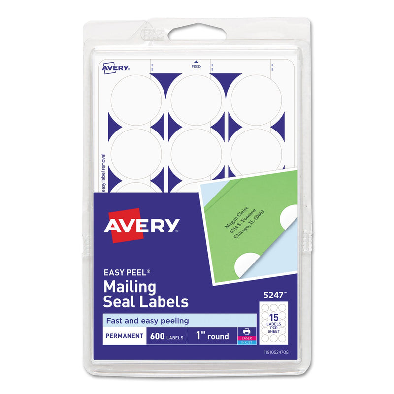 Avery Printable Mailing Seals, 1" dia, White, 15/Sheet, 40 Sheets/Pack, (5247)