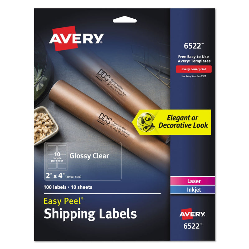 Avery Glossy Clear Easy Peel Mailing Labels w/ Sure Feed Technology, Inkjet/Laser Printers, 2 x 4, Clear, 10/Sheet, 10 Sheets/Pack