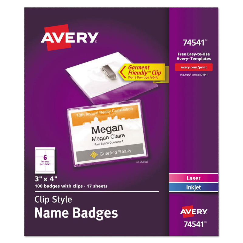 Avery Clip-Style Name Badge Holder with Laser/Inkjet Insert, Top Load, 4 x 3, White, 100/Box