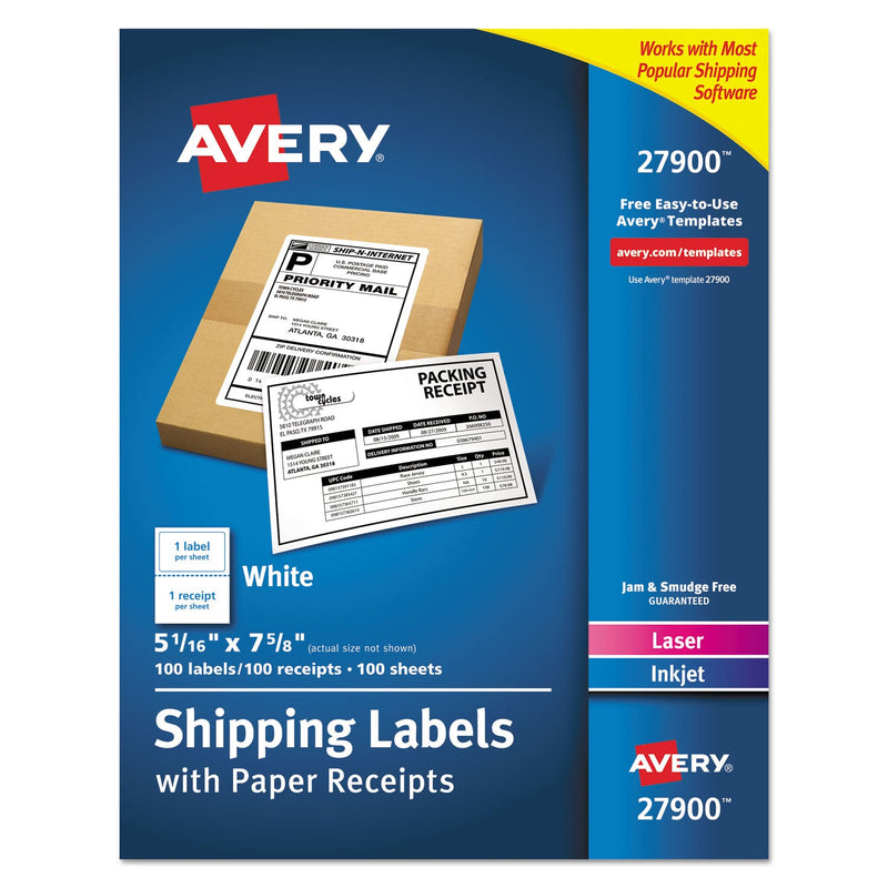 Avery Shipping Labels with Paper Receipt Bulk Pack, Inkjet/Laser Printers, 5.06 x 7.63, White, 100/Box