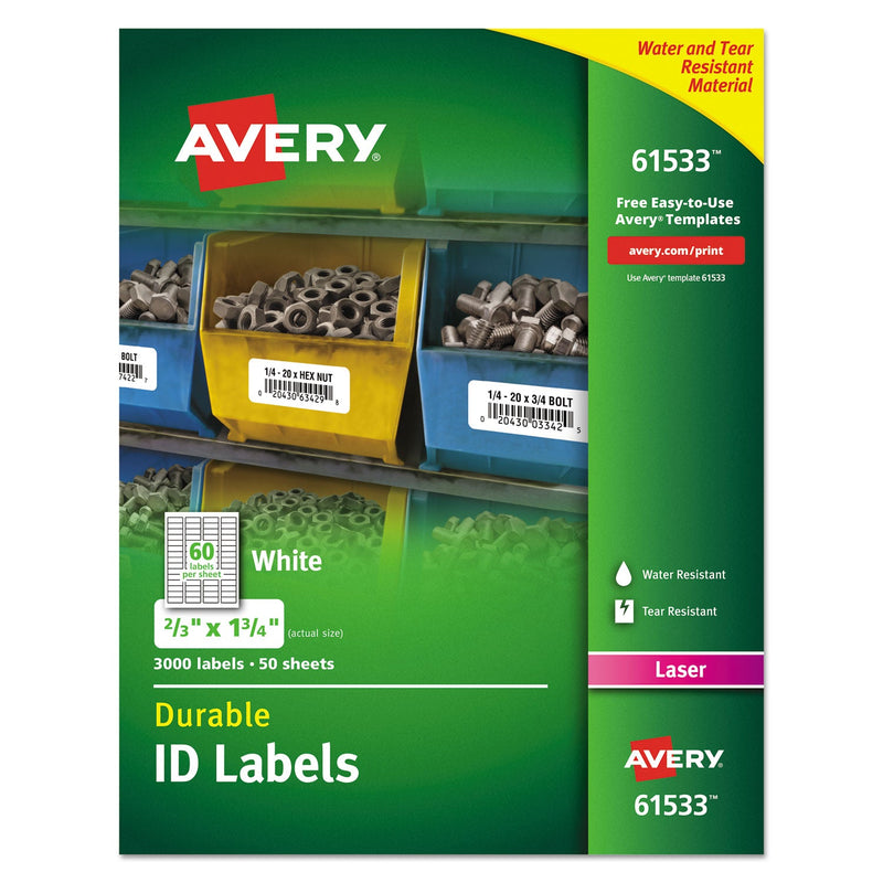 Avery Durable Permanent ID Labels with TrueBlock Technology, Laser Printers, 0.66 x 1.75, White, 60/Sheet, 50 Sheets/Pack