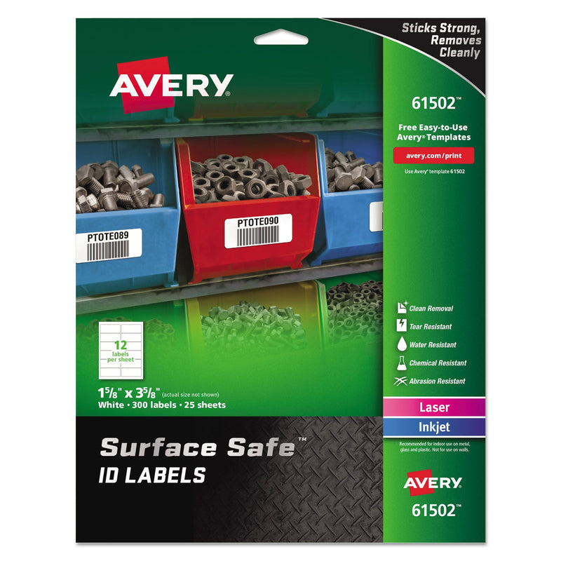 Avery Surface Safe ID Labels, Inkjet/Laser Printers, 1.63 x 3.63, White, 12/Sheet, 25 Sheets/Pack