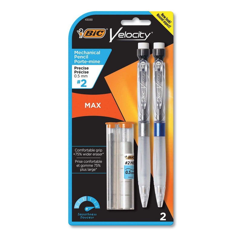 BIC Velocity Max Pencil, 0.5 mm, HB (#2), Black Lead, Gray Barrel, 2/Pack