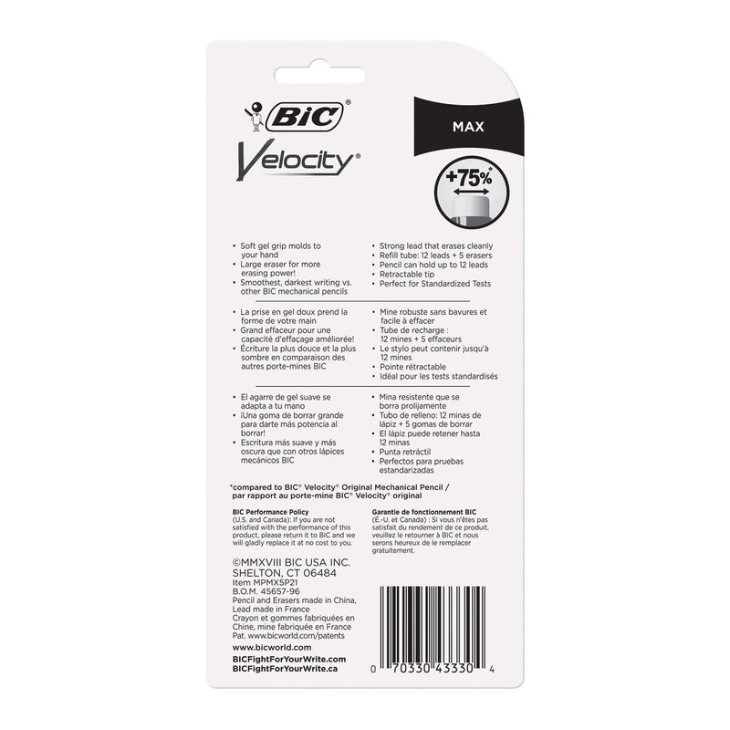 BIC Velocity Max Pencil, 0.5 mm, HB (#2), Black Lead, Gray Barrel, 2/Pack