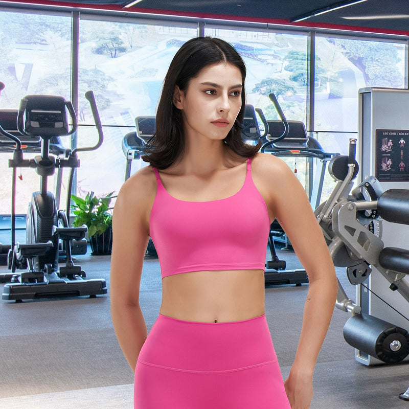 Women Strap Sport Bras Padded Strappy Crop Square Neck Low Impact Bras Sexy Fitness Tank Tops with Removable Pads Flat Straps for Gym Yoga Workout Run