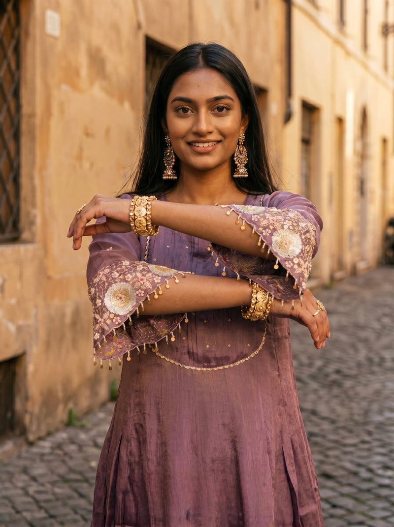 Purple Anarkali in Shimmer Tissue with Sequins Detailing