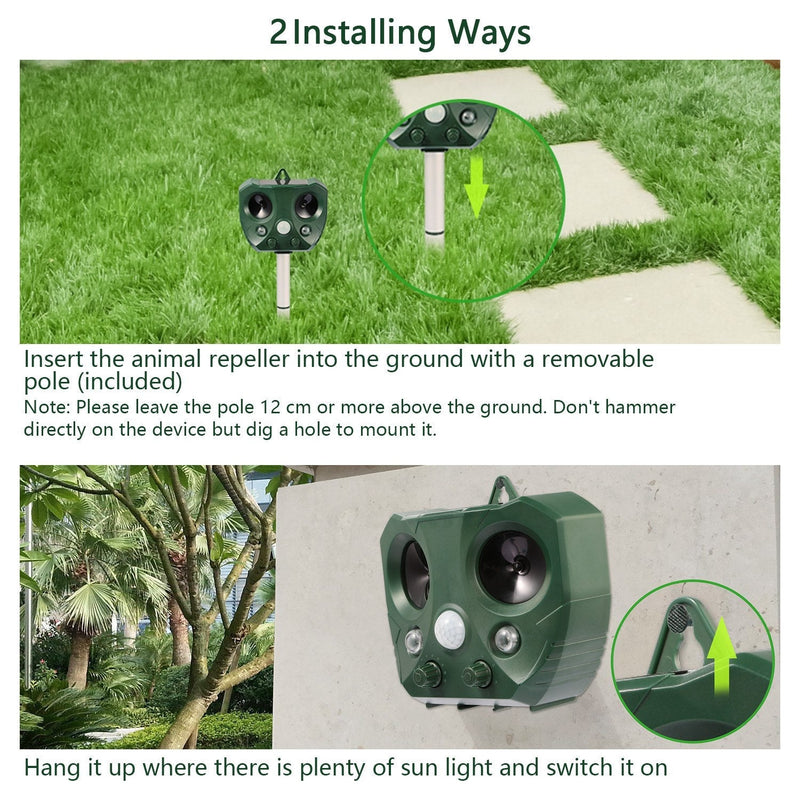 Ultrasonic Animal Repeller Solar Powered Repellent with Motion Sensor LED Flashing Lights IPX6 Waterproof Outdoor for Farm Garden Yard