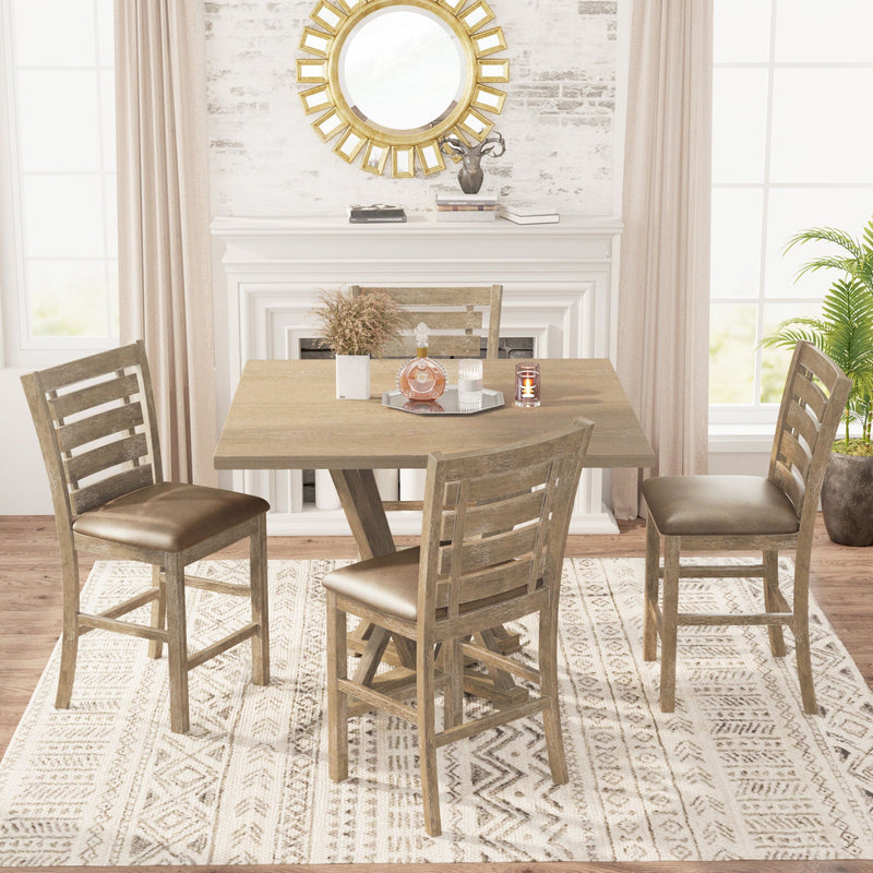 5 Pieces Set Counter Table Set Square Counter Table Solid Wood Modern Farmhouse Rustic Look Distressed Look - Grayish Brown