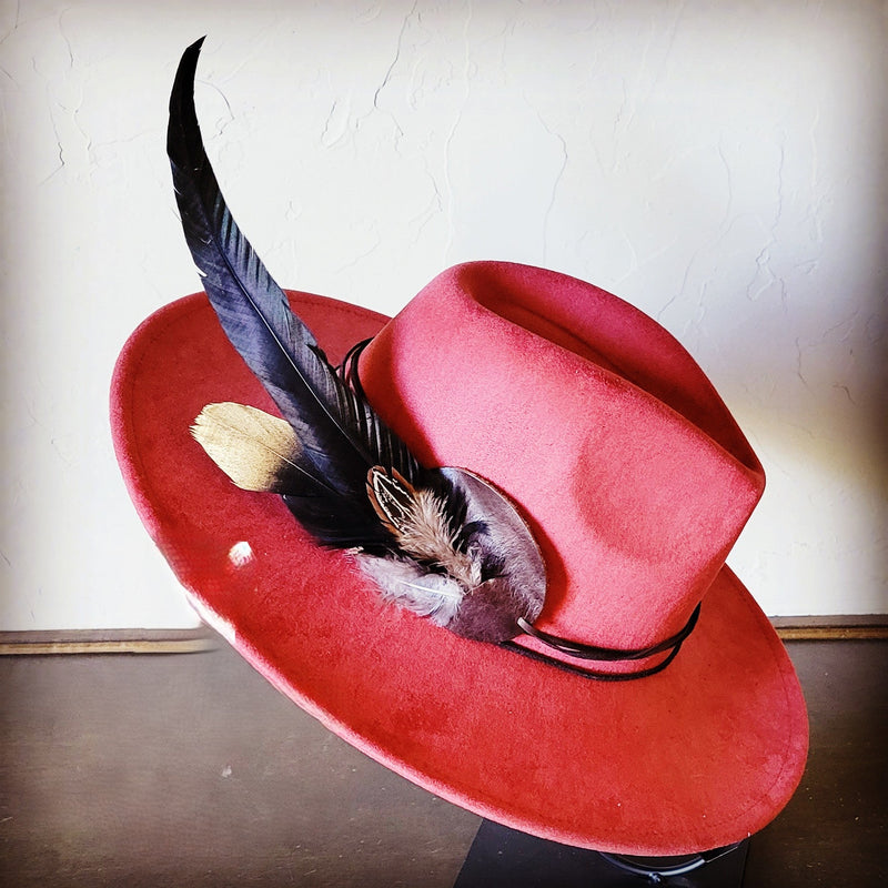 Boho Western Hat w/ Feather Tie Hat Band-Rust 982t