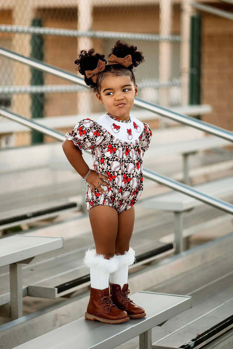 Smocked leopard baseball romper