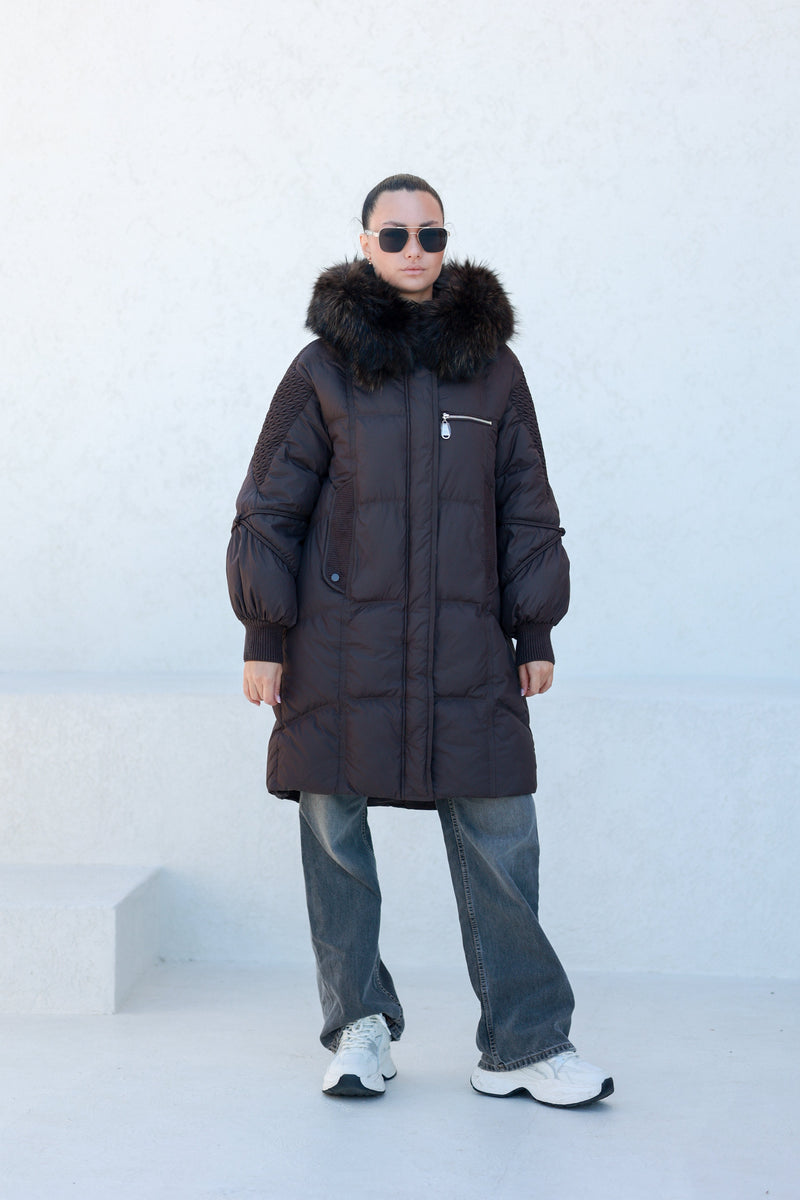 Dakota Genuine Fur Trim Down Fill Coat in Chocolate